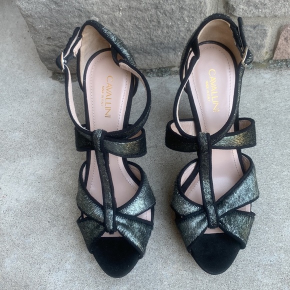 Cavallini Made In Italy Leather Iridescent Platform Peep Toe T Strap High Heels - Picture 6 of 14